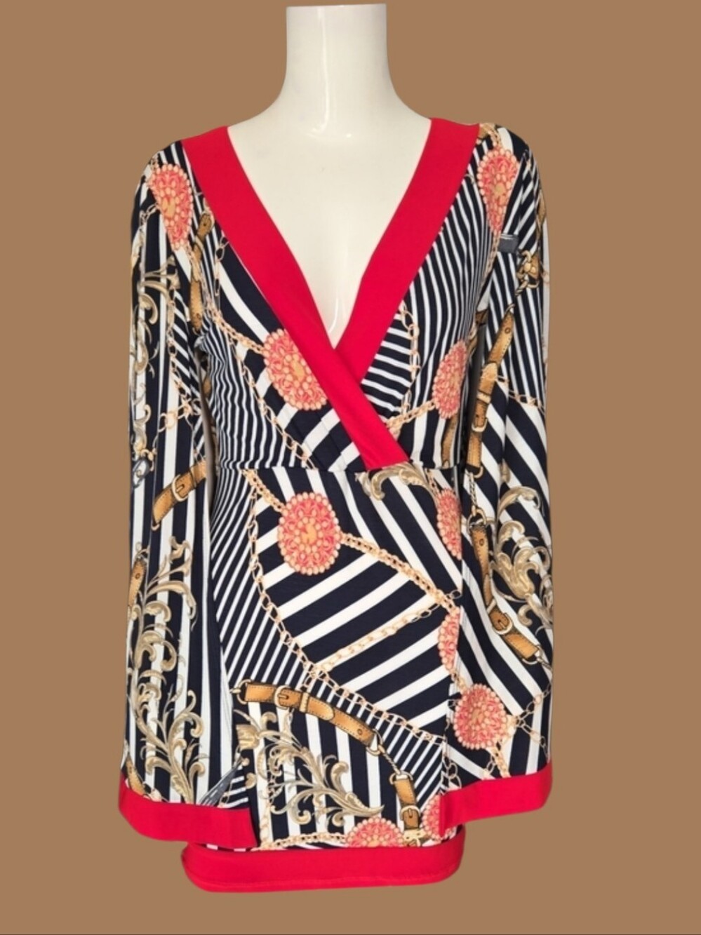Striped Chain-Print Wrap Tunic with Red Trim